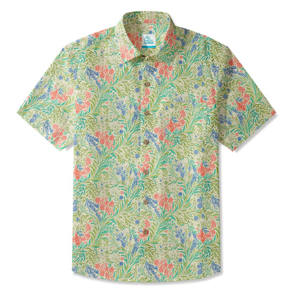 LeosWare® Men's Hawaiian Shirt Short Sleeve Button-up 100% Cotton Green Aloha Alfalfa Flower Earthly Weave