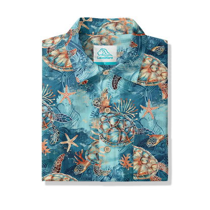 LeosWare® Men's Hawaiian Shirt Short Sleeve Button-up 100% Cotton Blue Aloha Golden Turtle Sea