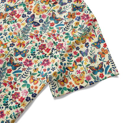 LeosWare® Men's Hawaiian Shirt Short Sleeve Button-up 100% Cotton Beige Aloha Butterfly Whispers In Full Bloom