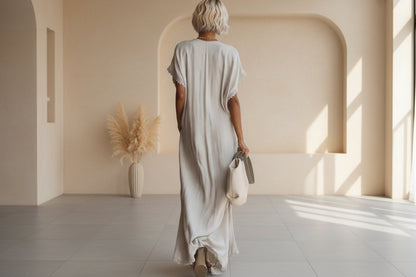 Lace-Trimmed Loose Linen Cotton Long Dress for Women