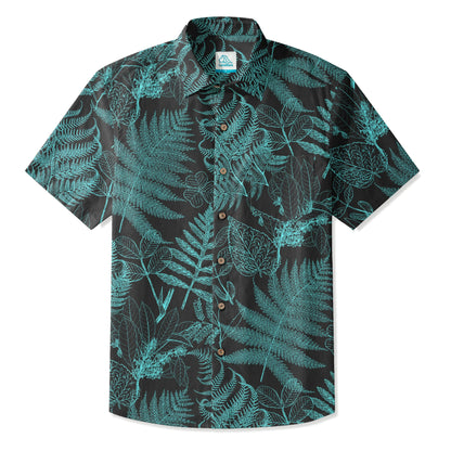 LeosWare® Men's Hawaiian Shirt Short Sleeve Button-up 100% Cotton Blue Aloha Hidden Forest Fern