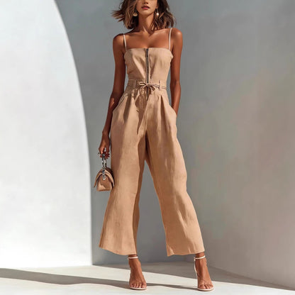 Women's Strapless Lace-Up Wide-Leg Linen Jumpsuit – 5 Colors S–2XL