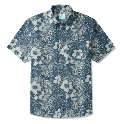 LeosWare® Hibiscus Flower Men's Hawaiian Shirt Short Sleeve Button-up 100% Cotton Blue Aloha Blue Ink Flower Shadows