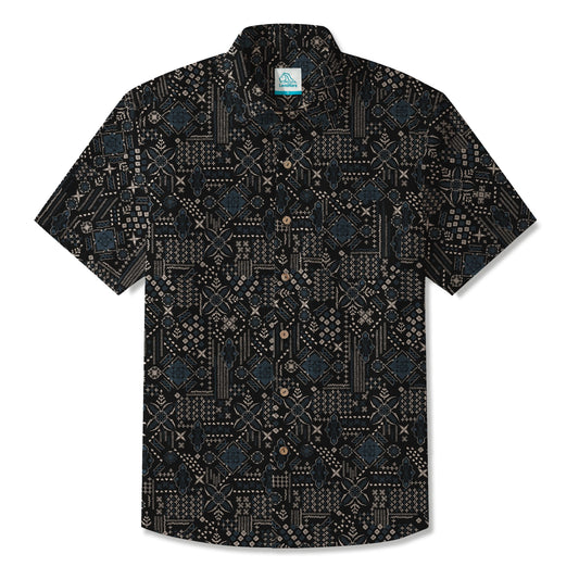 LeosWare® Men's Hawaiian Shirt Short Sleeve Button-up 100% Cotton Black Aloha Dark Geometric Art