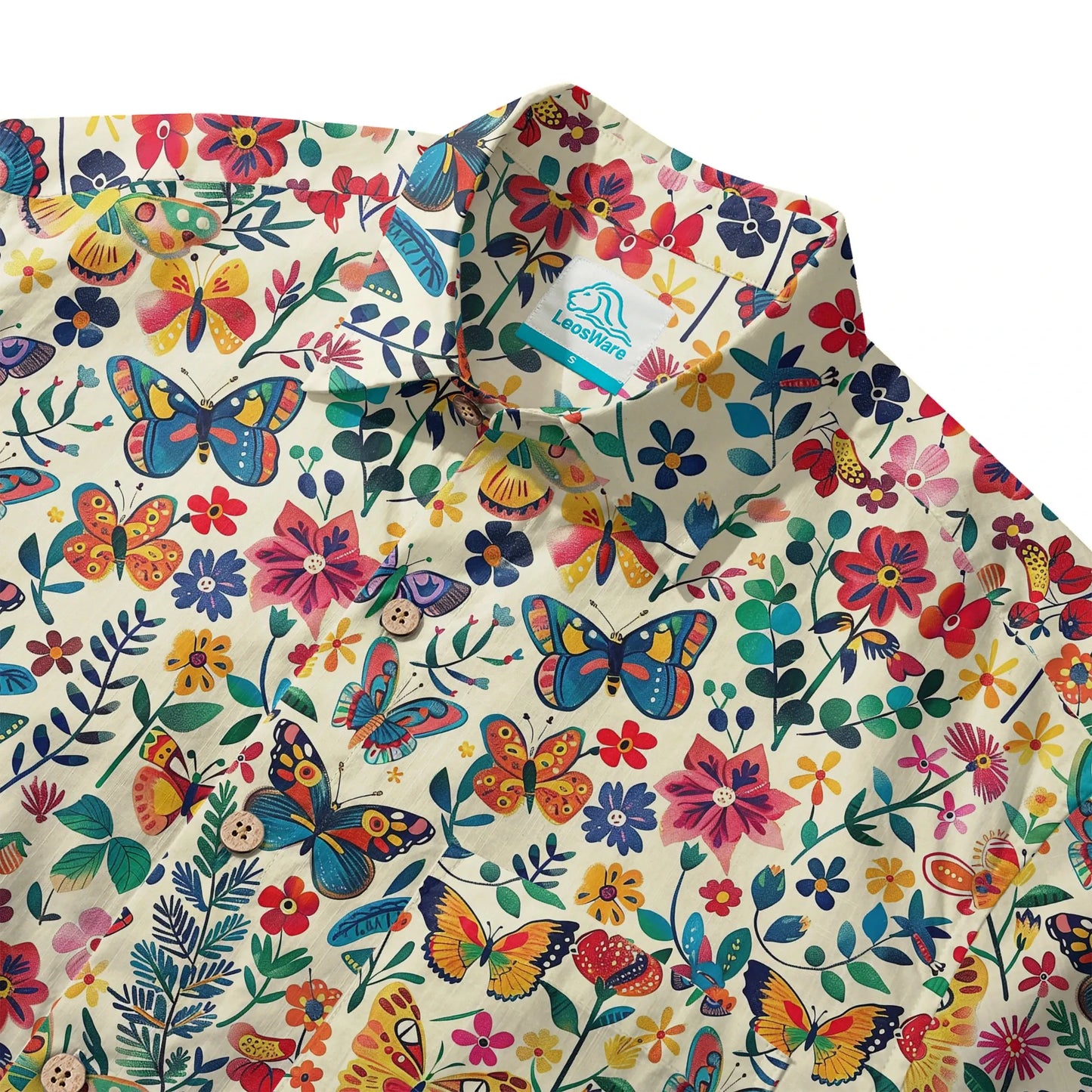 LeosWare® Men's Hawaiian Shirt Short Sleeve Button-up 100% Cotton Beige Aloha Butterfly Whispers In Full Bloom