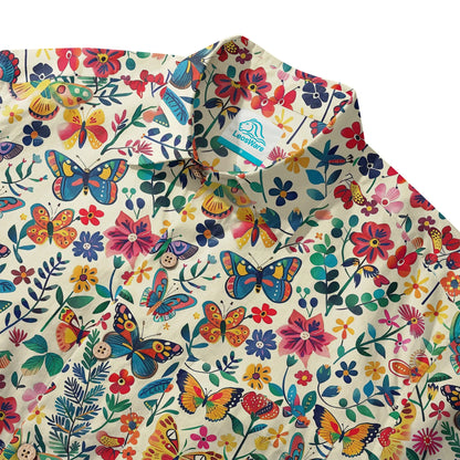 LeosWare® Men's Hawaiian Shirt Short Sleeve Button-up 100% Cotton Beige Aloha Butterfly Whispers In Full Bloom