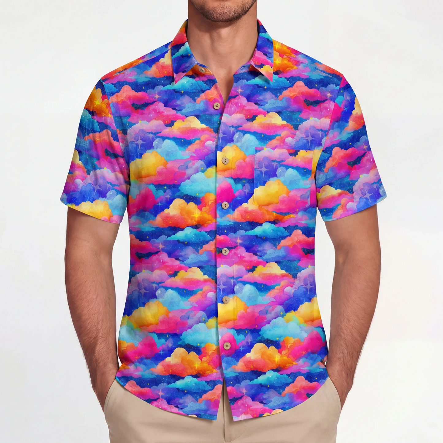 LeosWare® Men's Hawaiian Shirt Short Sleeve Button-up 100% Cotton Orange Aloha Rainbow Clouds Meadow
