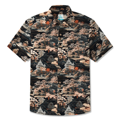 LeosWare® Men's Hawaiian Shirt Short Sleeve Button-up 100% Cotton Black Aloha Eastern Art Landscape