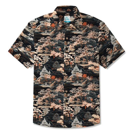 LeosWare® Men's Hawaiian Shirt Short Sleeve Button-up 100% Cotton Black Aloha Eastern Art Landscape