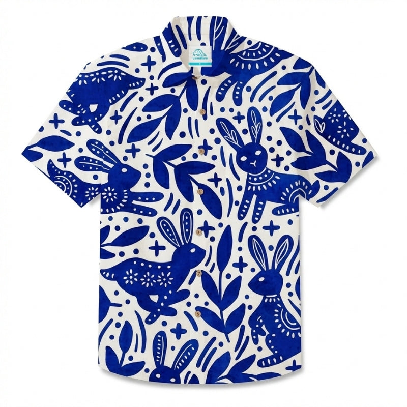 LeosWare® Men's Hawaiian Shirt Short Sleeve Button-up Breathable & Quick-Dry Aloha Rabbit Ceramic Figurine