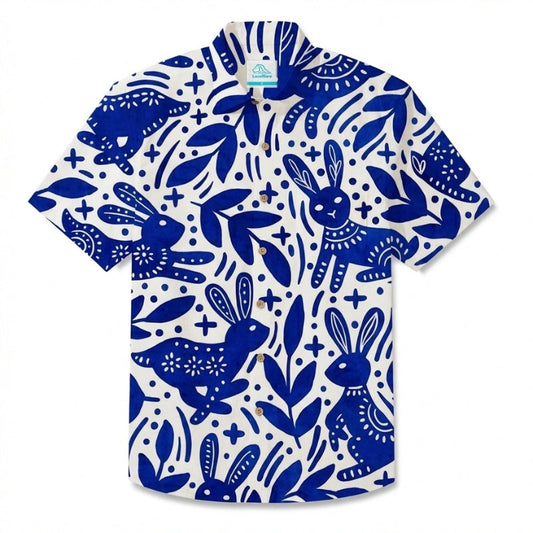 LeosWare® Men's Hawaiian Shirt Short Sleeve Button-up Breathable & Quick-Dry Aloha Rabbit Ceramic Figurine