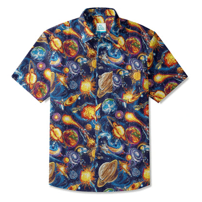LeosWare® Men's Hawaiian Shirt Short Sleeve Button-up 100% Cotton Blue Aloha Journey Across The Stars