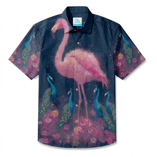LeosWare® Men's Hawaiian Shirt Short Sleeve Button-up Breathable & Quick-Dry Aloha Glowing Flamingo
