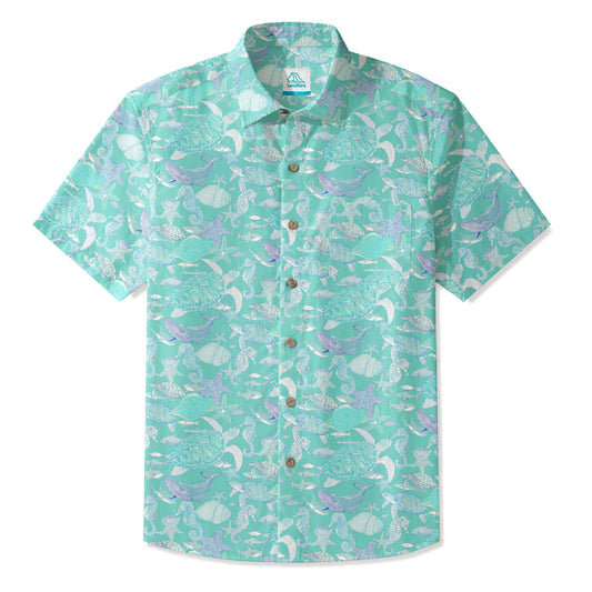 LeosWare® Men's Hawaiian Shirt Short Sleeve Button-up 100% Cotton Blue Aloha Azure Islet Sea Turtle
