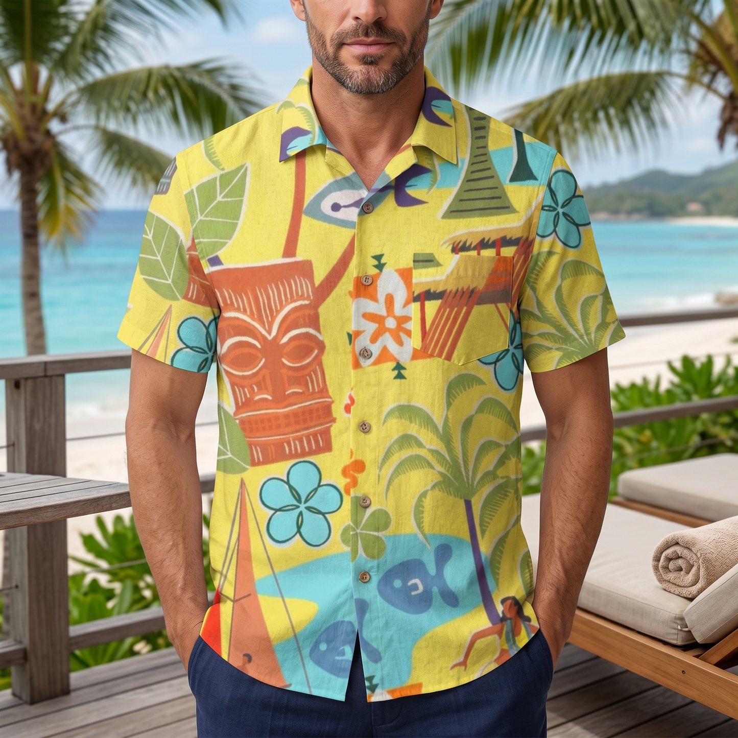 LeosWare® Men's Hawaiian Shirt Short Sleeve Button-up 95% Polyester, 5% Spandex Aloha Tiki Voyage
