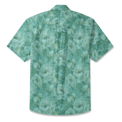 LeosWare® Men's Hawaiian Shirt Short Sleeve Button-up 100% Cotton Aloha Blue Mist Flower Silhouette