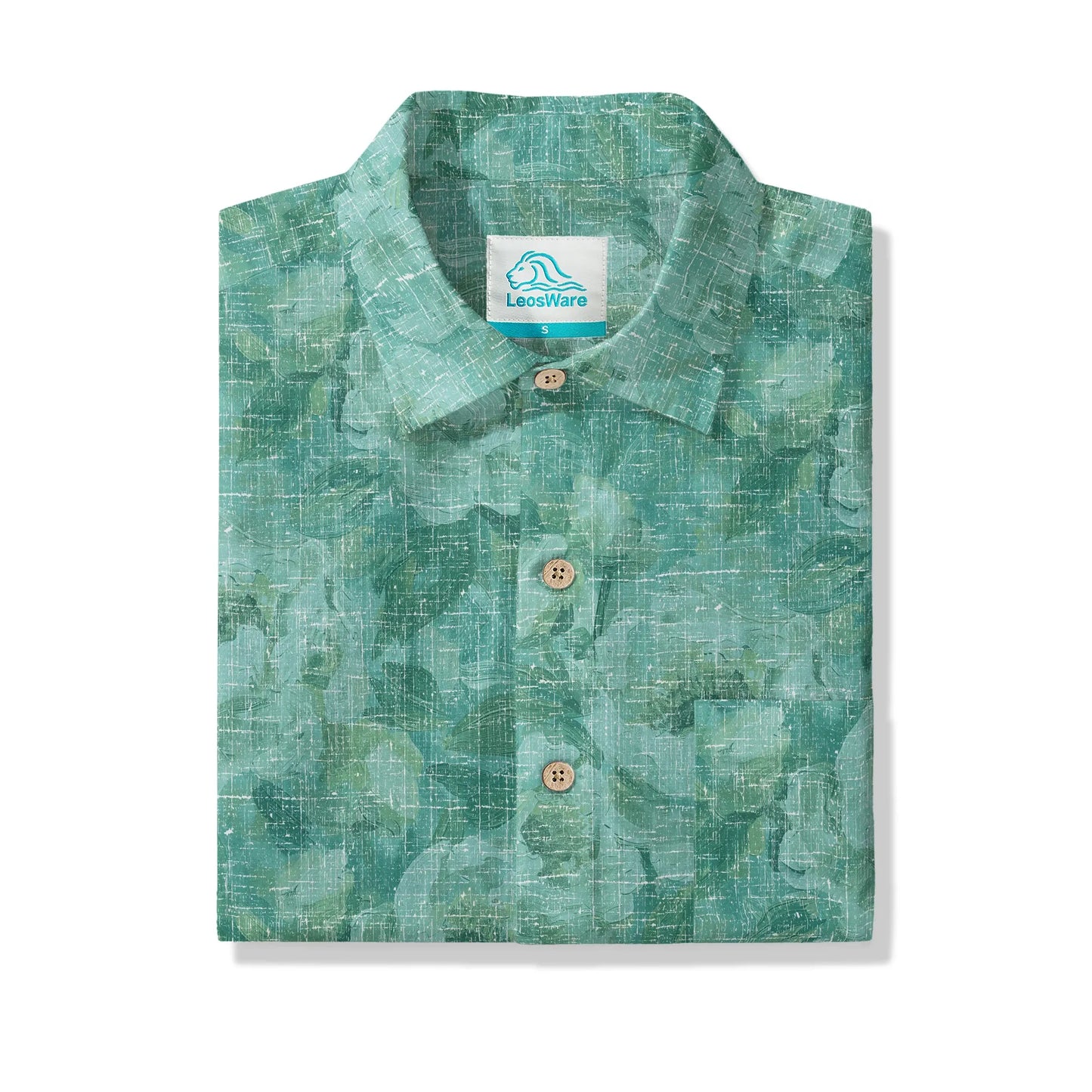 LeosWare® Men's Hawaiian Shirt Short Sleeve Button-up 100% Cotton Aloha Blue Mist Flower Silhouette