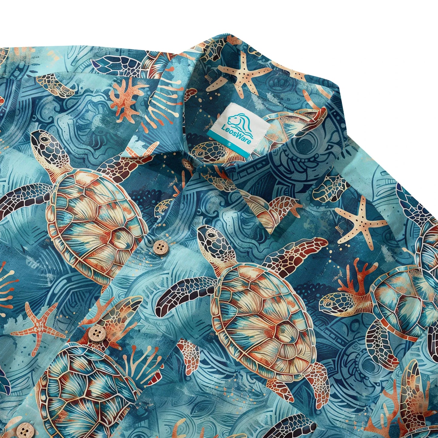 LeosWare® Men's Hawaiian Shirt Short Sleeve Button-up 100% Cotton Blue Aloha Golden Turtle Sea