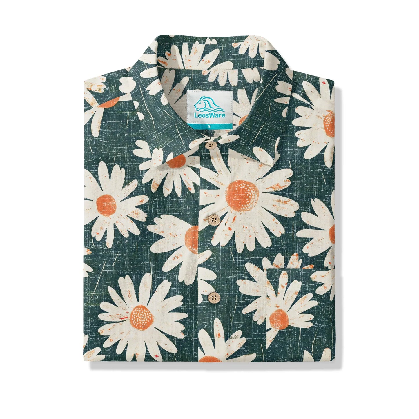 LeosWare® Men's Hawaiian Shirt Short Sleeve Button-up 100% Cotton Green Aloha Daisy Bottom