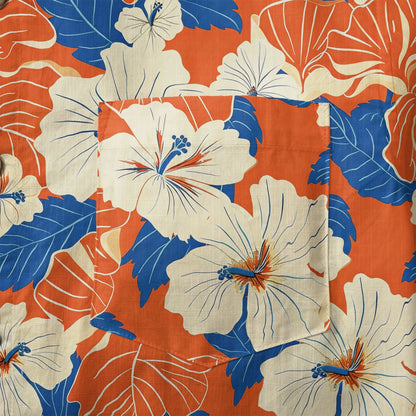 LeosWare® Men's Hawaiian Shirt Short Sleeve Button-up 100% Cotton Orange Aloha Orange Blue Hibiscus Whispers