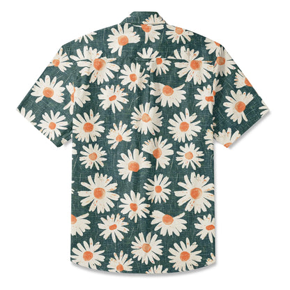 LeosWare® Men's Hawaiian Shirt Short Sleeve Button-up 100% Cotton Green Aloha Daisy Bottom