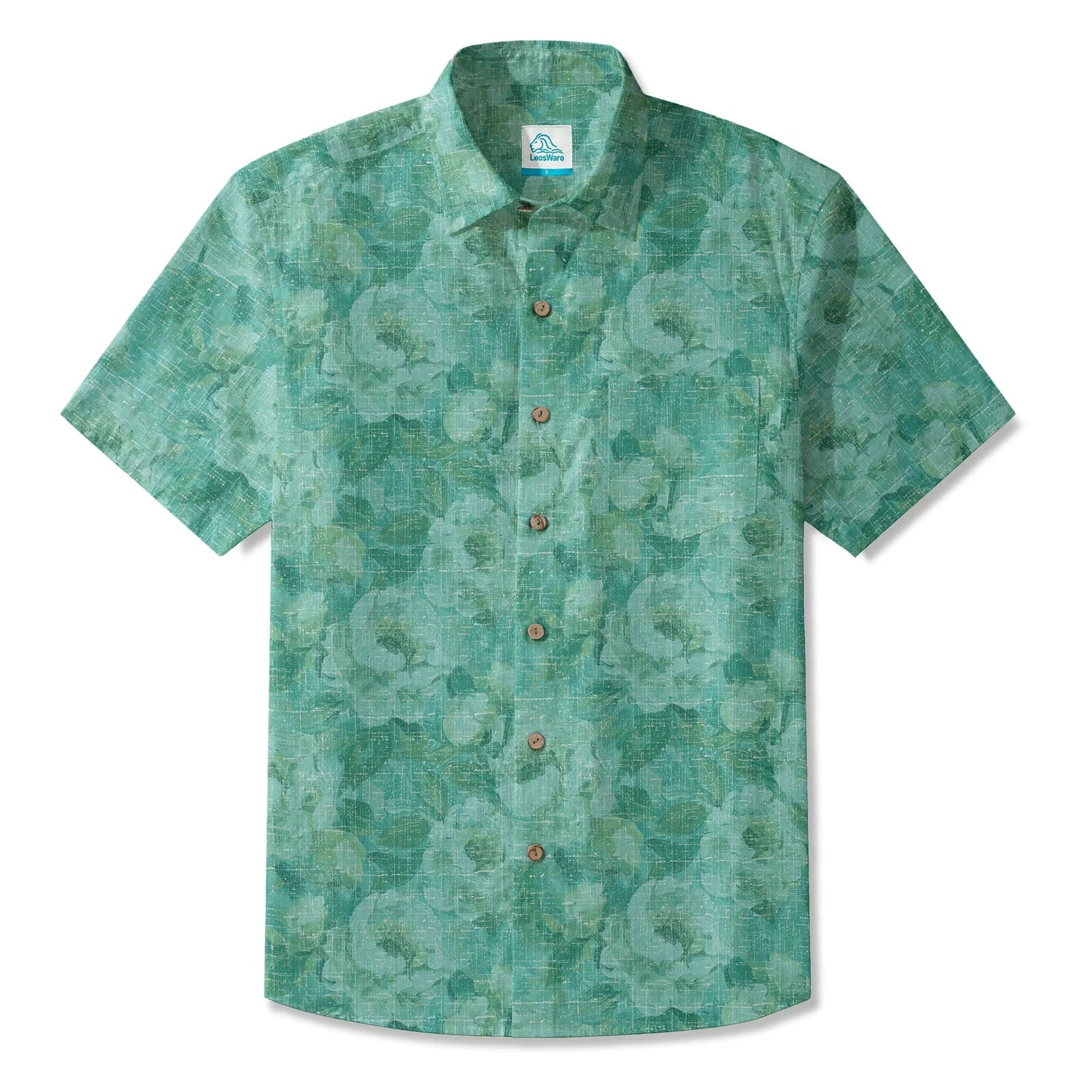 LeosWare® Men's Hawaiian Shirt Short Sleeve Button-up 100% Cotton Aloha Blue Mist Flower Silhouette