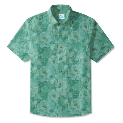 LeosWare® Men's Hawaiian Shirt Short Sleeve Button-up 100% Cotton Aloha Blue Mist Flower Silhouette