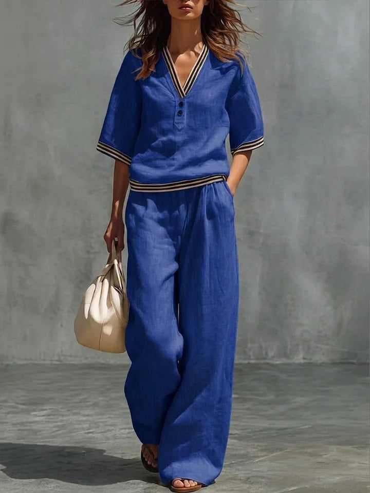 V-Neck Short-Sleeve Shirt & Pants Set – Cotton-Linen Two-Piece