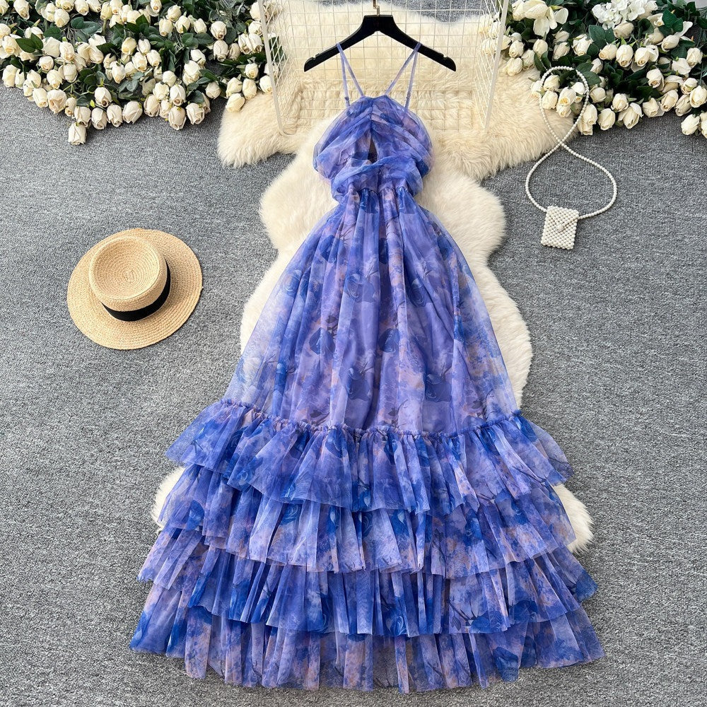 Vacation Halter Sleeveless Printed Dress – Tiered Mesh Cake Skirt, Flowy Summer Maxi