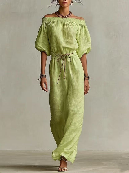 Women's Linen Pants Suit – Solid Color Lantern Sleeve Set