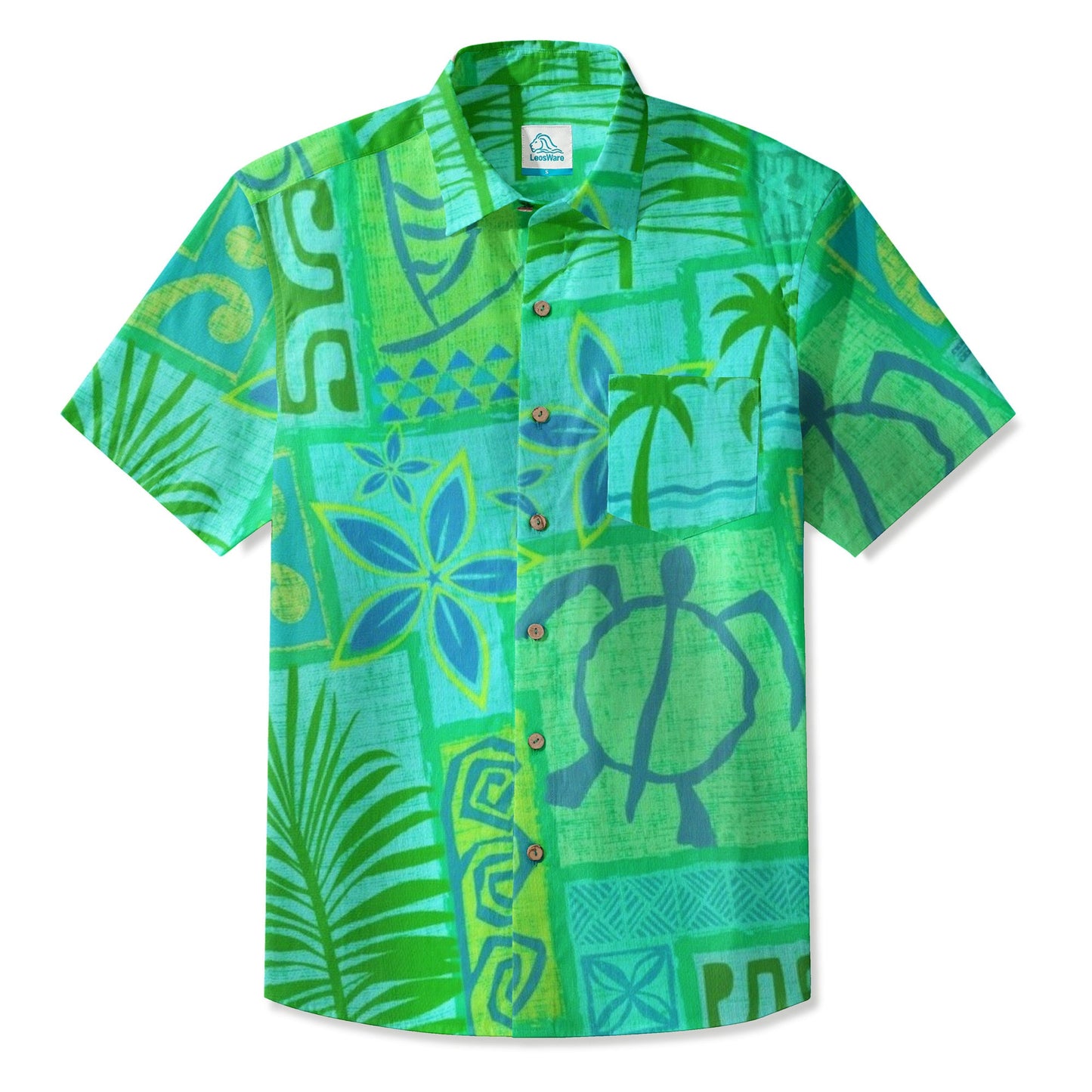 LeosWare® Men's Hawaiian Shirt Short Sleeve Button-up Breathable & Quick-Dry Aloha Tiki Mood(Deep Teal)