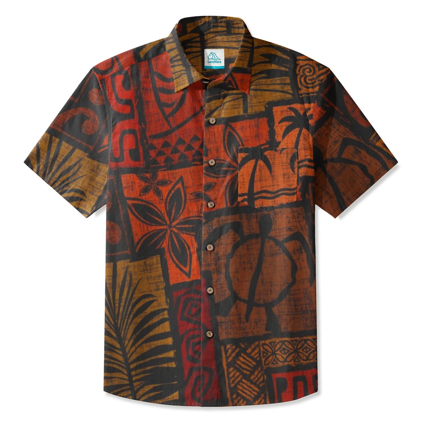 LeosWare® Men's Hawaiian Shirt Short Sleeve Button-up Breathable & Quick-Dry Aloha Tiki Mood(Deep Teal)