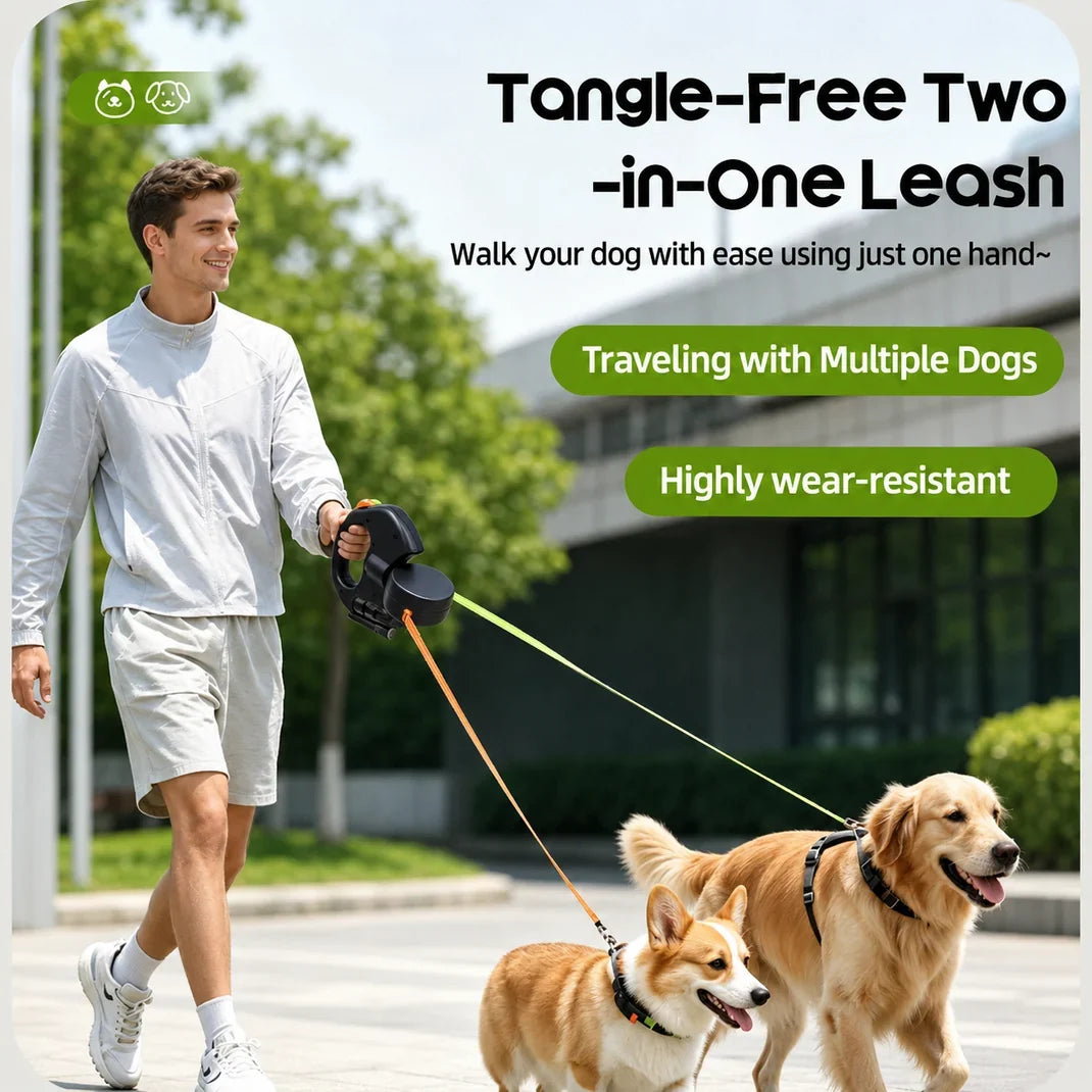 DuoLeash™ — Dual Retractable Dog Leash for 2 Dogs
