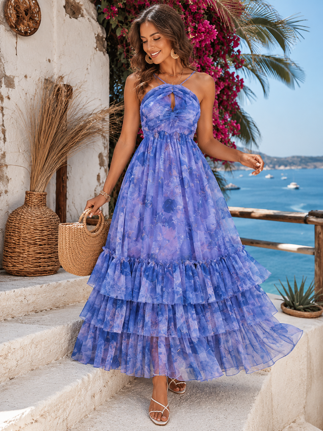Vacation Halter Sleeveless Printed Dress – Tiered Mesh Cake Skirt, Flowy Summer Maxi