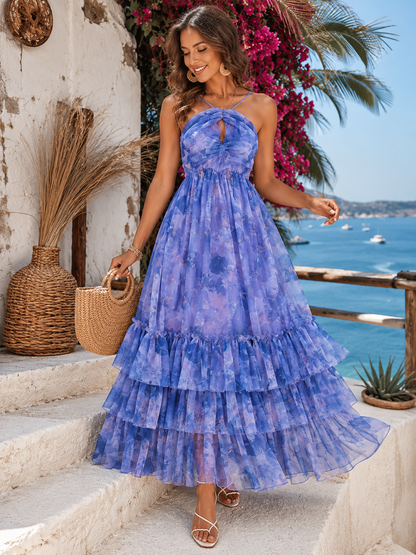 Vacation Halter Sleeveless Printed Dress – Tiered Mesh Cake Skirt, Flowy Summer Maxi