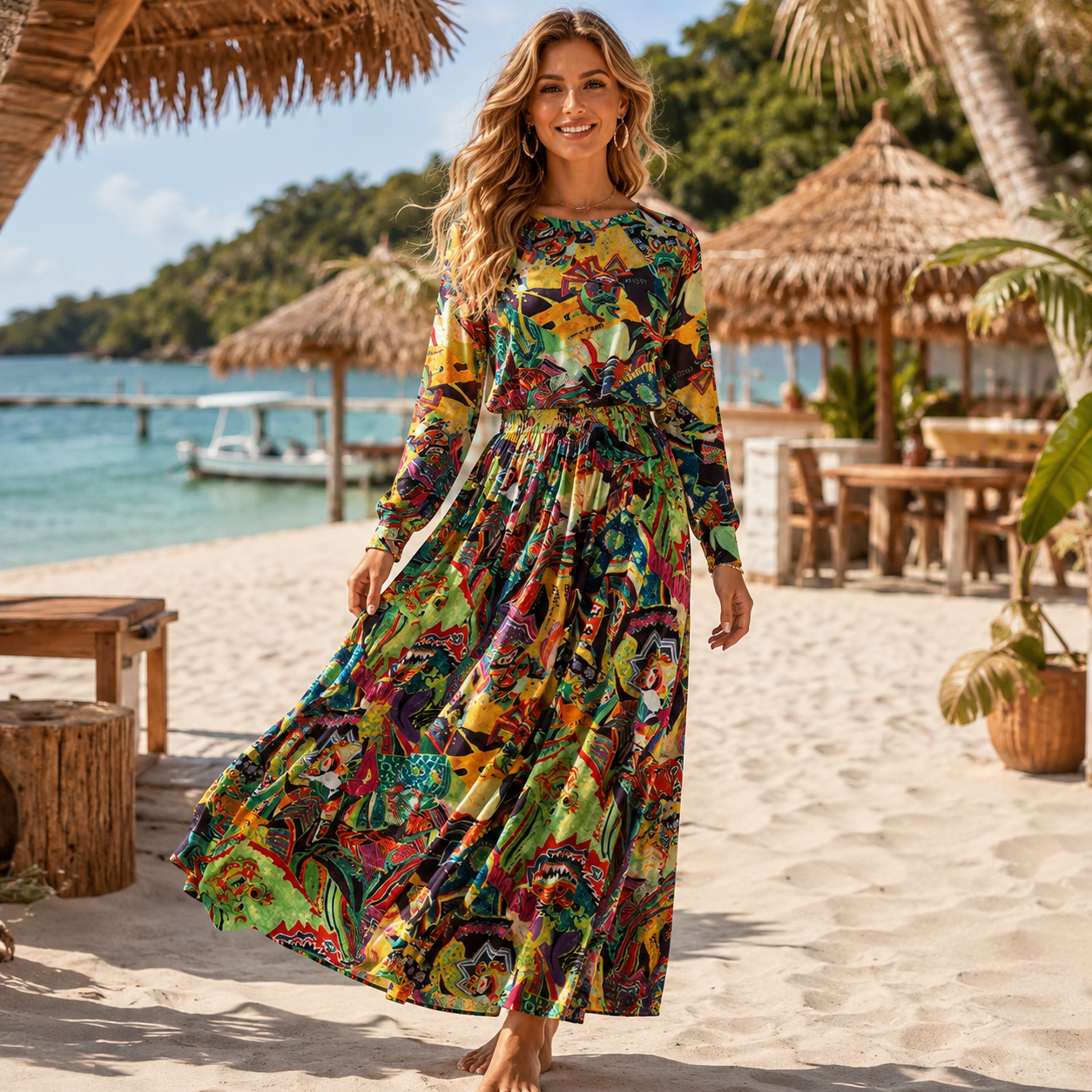 Women’s Printed Crewneck Long Sleeve Tee + High-Waist Flared Maxi Skirt Set – Casual Coord