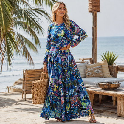 Women’s Printed Crewneck Long Sleeve Tee + High-Waist Flared Maxi Skirt Set – Casual Coord