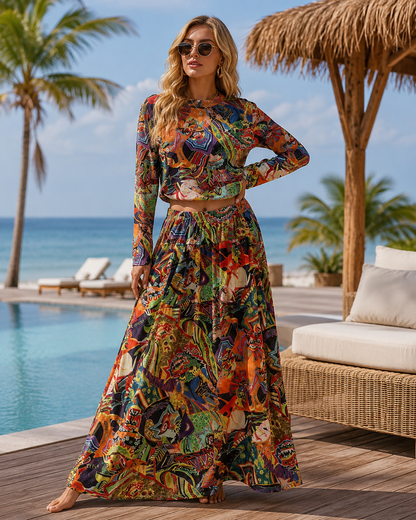 Women’s Printed Crewneck Long Sleeve Tee + High-Waist Flared Maxi Skirt Set – Casual Coord