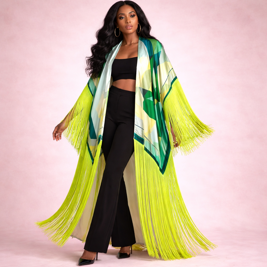 Tasseled Kimono Cover Up – Neon Tropical Oasis Beach Wrap