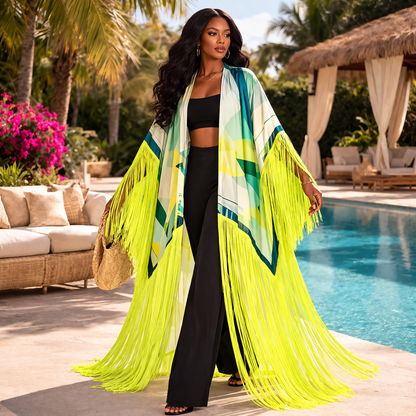 Tasseled Kimono Cover Up – Neon Tropical Oasis Beach Wrap