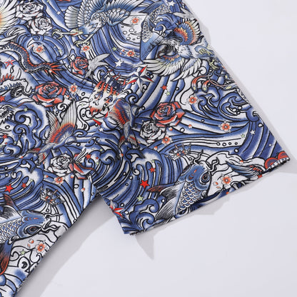 Men's Hawaiian Shirt Zen Waves - Tattoo Harmony Cotton Button-down Short Sleeve Aloha Shirt