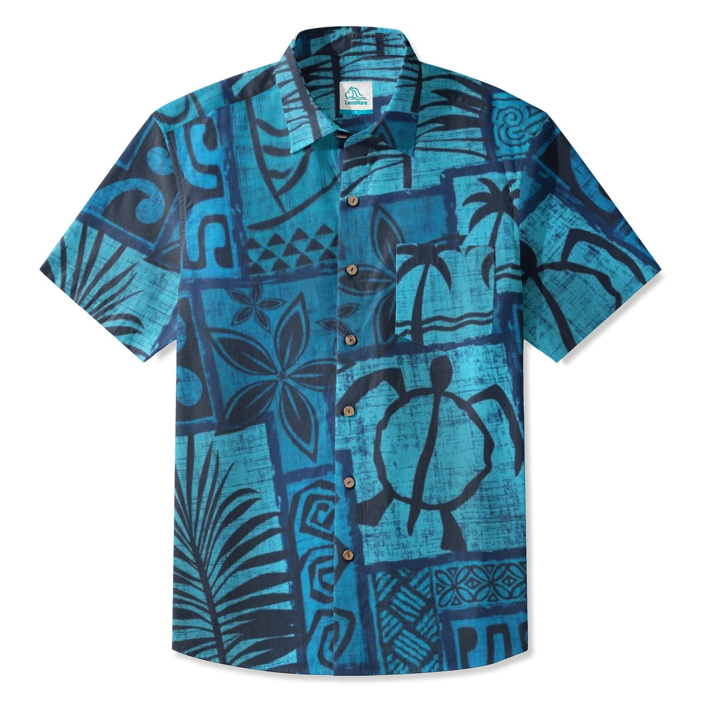 LeosWare® Men's Hawaiian Shirt Short Sleeve Button-up Breathable & Quick-Dry Aloha Tiki Mood(Deep Teal)