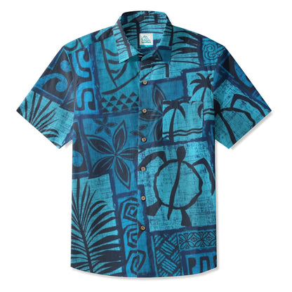 LeosWare® Men's Hawaiian Shirt Short Sleeve Button-up Breathable & Quick-Dry Aloha Tiki Mood(Deep Teal)