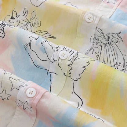 1980s Vintage Men's Hawaiian Shirt Angel's Ball Print Cotton Button-down Short Sleeve Aloha Shirt