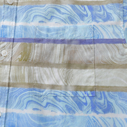 Men's Horizontal Stripe Shirt Blue Waves Print Casual Short Sleeve Button Down