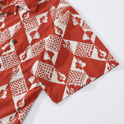 1970s Vintage Hawaiian Shirts For Men Checkerboard Variations Shirt 100% Cotton