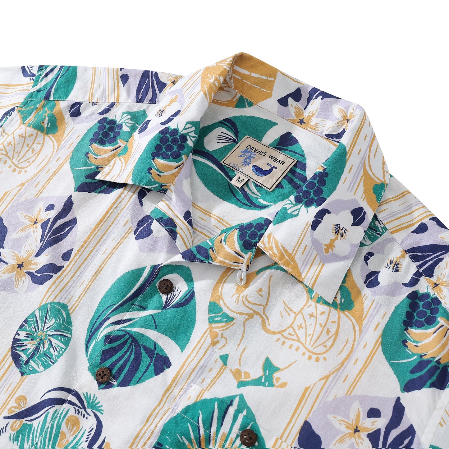 Striped Base Fabric with Vintage Tropical Flower Print Short-Sleeved Hawaiian Shirt