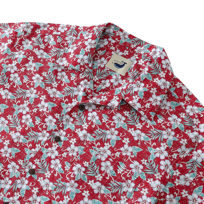 Vintage Red Hibiscus Frangipani Men's Camp Shirts Coconut Button 100% Cotton