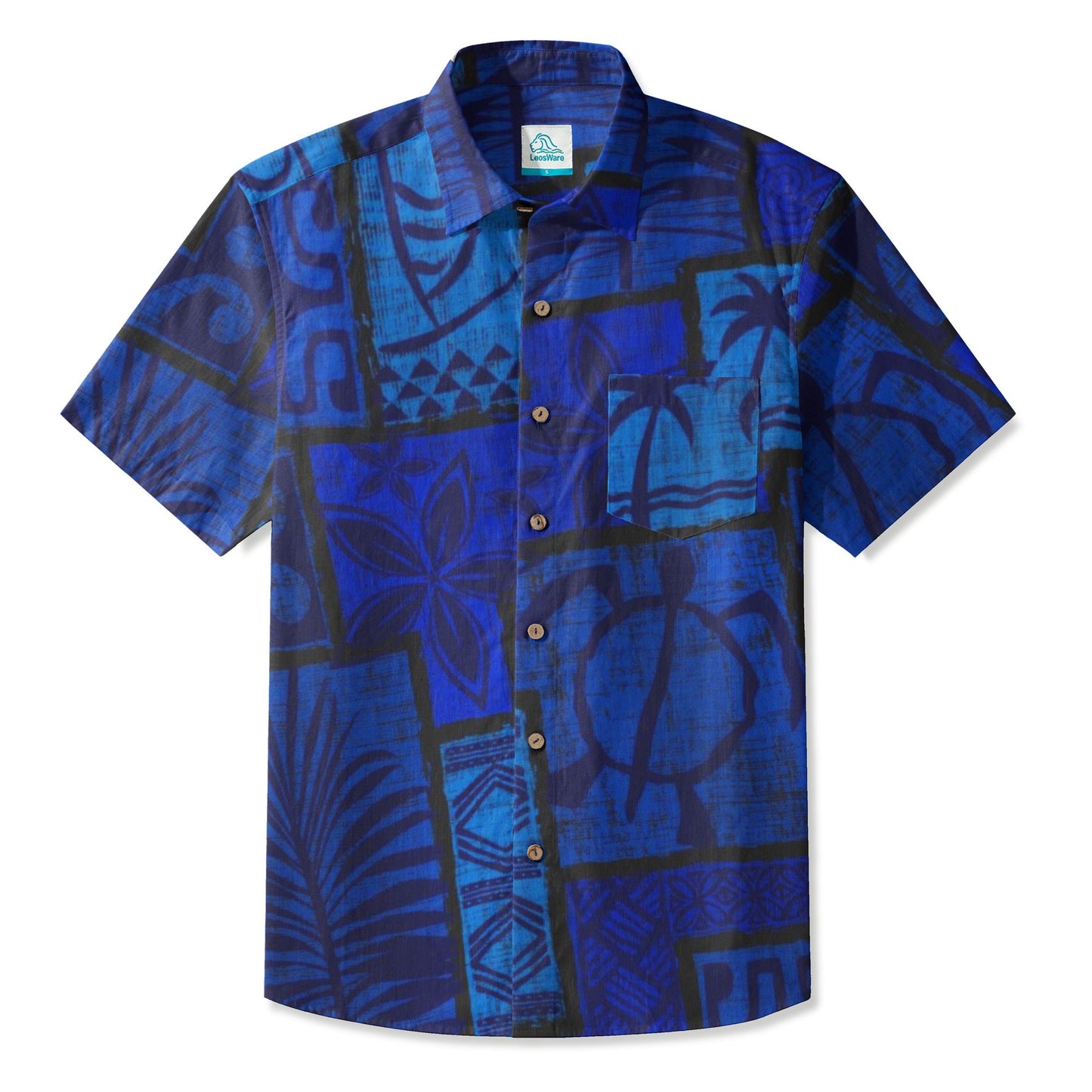 LeosWare® Men's Hawaiian Shirt Short Sleeve Button-up Breathable & Quick-Dry Aloha Tiki Mood(Deep Teal)