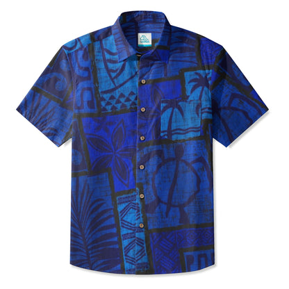 LeosWare® Men's Hawaiian Shirt Short Sleeve Button-up Breathable & Quick-Dry Aloha Tiki Mood(Deep Teal)
